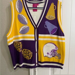 Queen of Sparkle Sequin Football-Themed Knit Vest in Purple & Gold